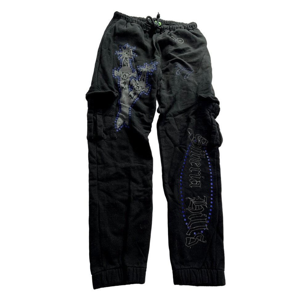 Siberia hills post Malone Black Graphic Cargo Joggers with Blue Accents
